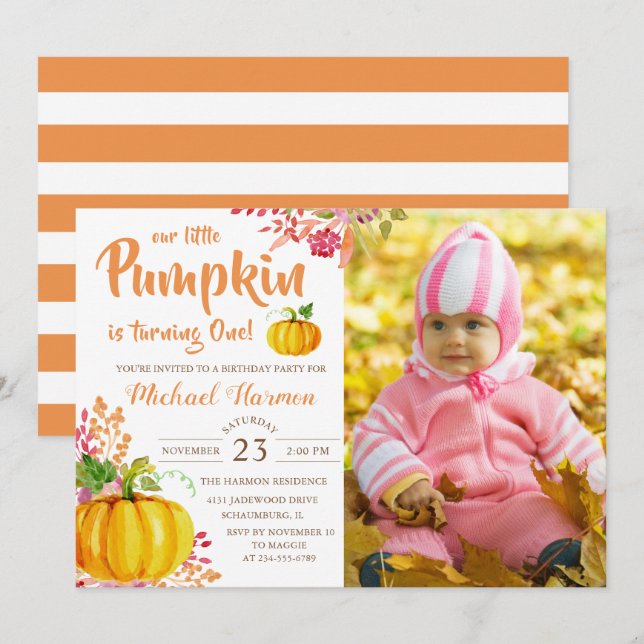 Watercolor Floral Little Pumpkin Birthday Photo Invitation (Front/Back)