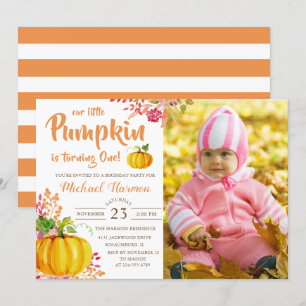 Watercolor Floral Little Pumpkin Birthday Photo Invitation