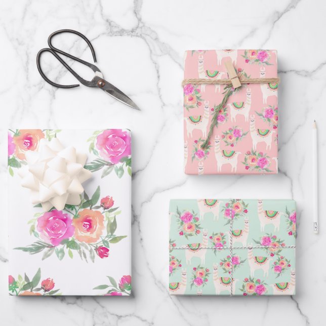 Watercolor floral llama wrapping paper sheet (Front)
