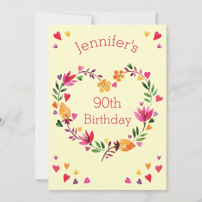 Watercolor Floral Love Heart Wreath 90th Birthday Invitation (Front)