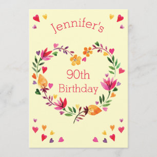 Watercolor Floral Love Heart Wreath 90th Birthday Invitation