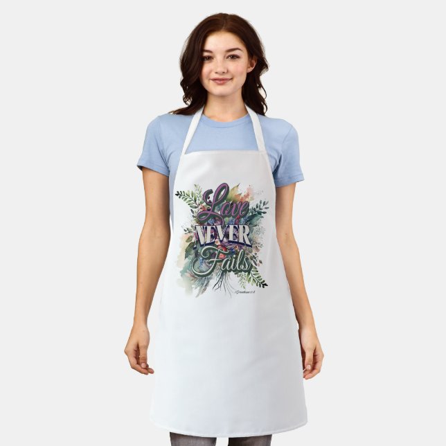 Watercolor Floral Love Never Fails Scripture Apron (Worn)