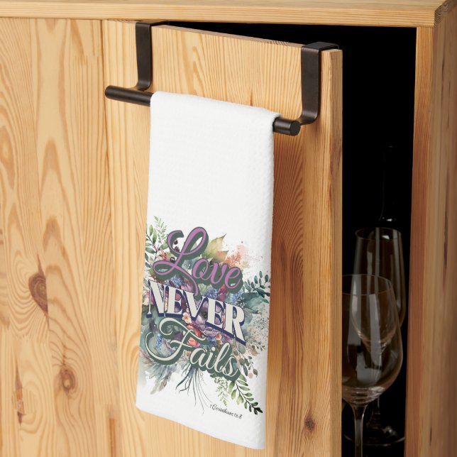 Watercolor Floral Love Never Fails Scripture Tea Towel (Thirds Fold)