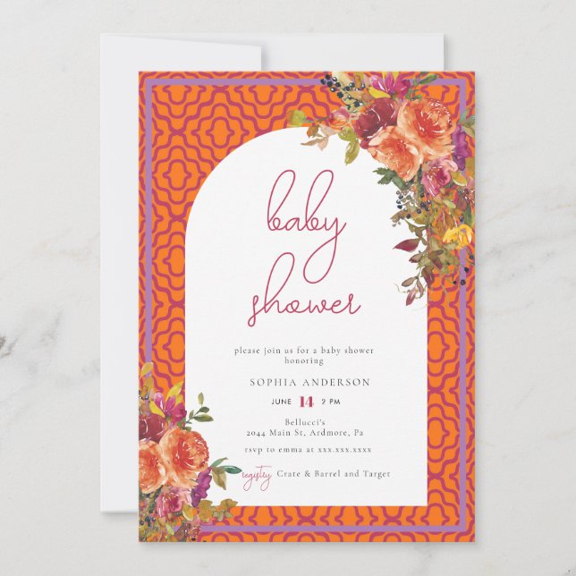 Watercolor Floral Magenta Fuchsia Baby Shower  Invitation (Front)