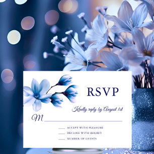 Watercolor Floral Magnolia Blue Navy Wedding RSVP Card