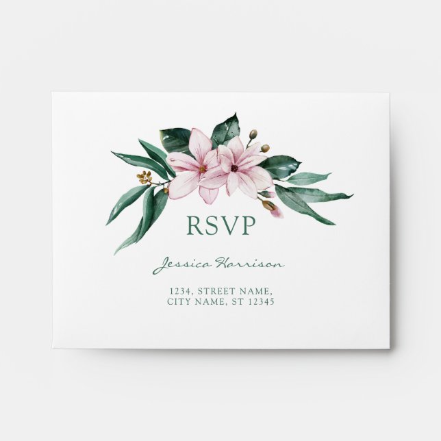 Watercolor Floral Magnolia Bouquet Pink Green RSVP Envelope (Front)