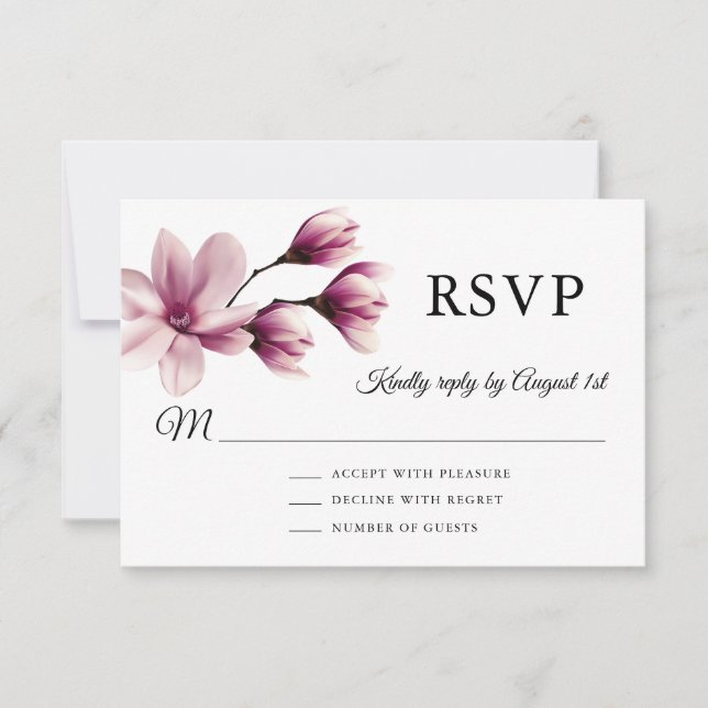 Watercolor Floral Magnolia Dusty Mauve Wedding RSVP Card (Front)