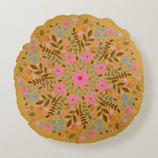 Watercolor Floral Mandala Round Throw Pillow