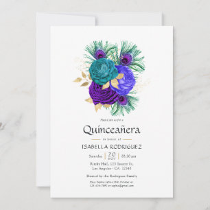 Watercolor Floral Mardi Gras Quinceañera Invitation