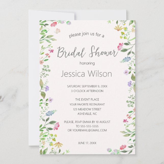 Watercolor Floral Meadow Bridal Shower Invitation (Front)