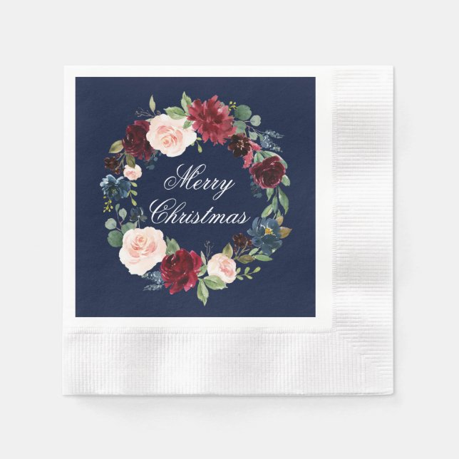 Watercolor Floral Merry Christmas Blue Cocktail Napkin (Front)