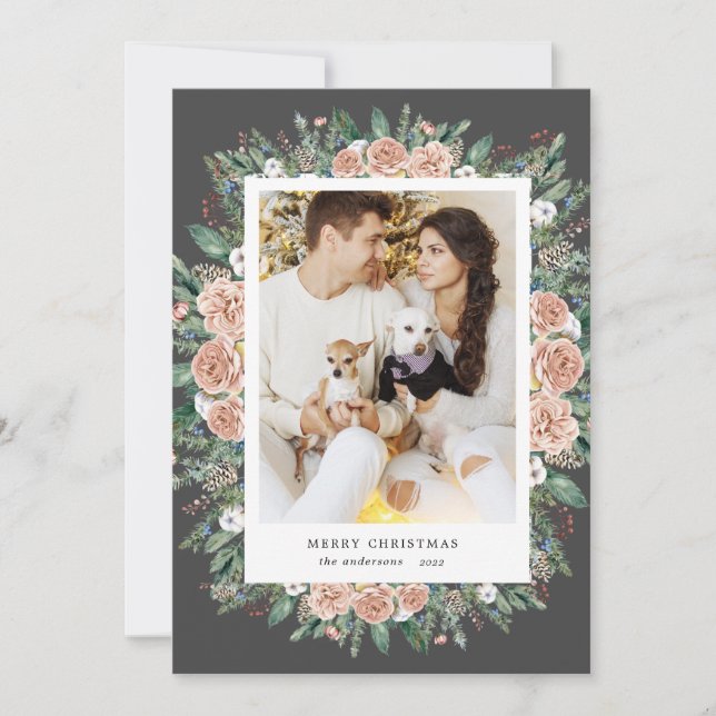 watercolor floral merry christmas photo card (Front)