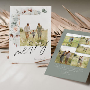 Watercolor Floral Merry Christmas Photo Card