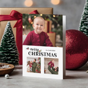 Watercolor Floral Merry Christmas Script 3-Photo Holiday Card