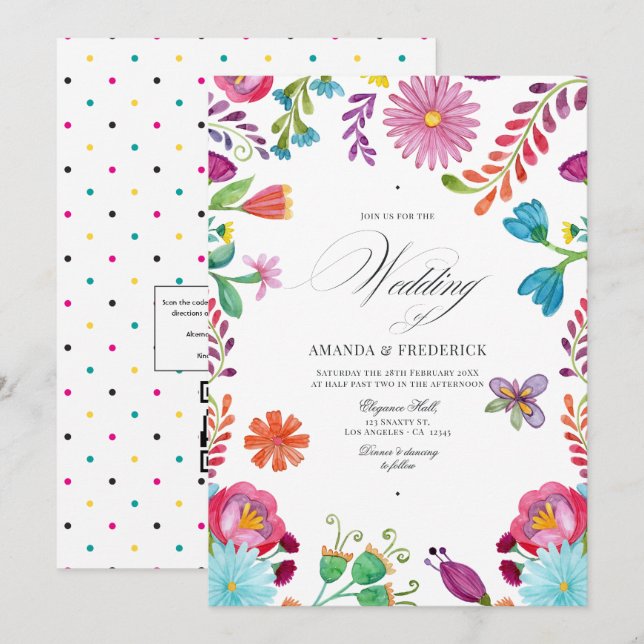 Watercolor Floral Mexican Fiesta QR Code Wedding Invitation (Front/Back)