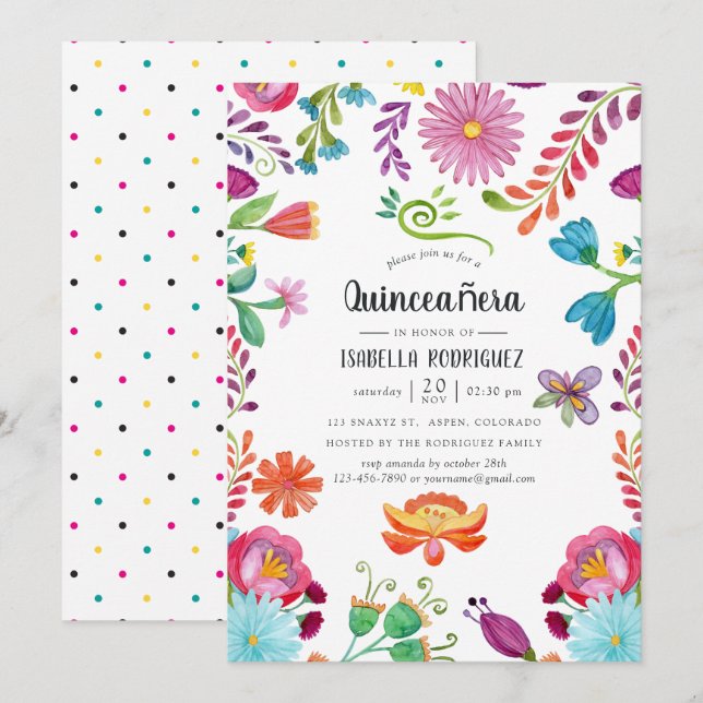 Watercolor Floral Mexican Fiesta Quinceañara Invitation (Front/Back)