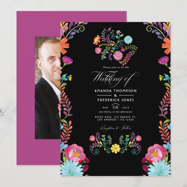Watercolor Floral Mexican Fiesta Wedding Photo Invitation (Front/Back)