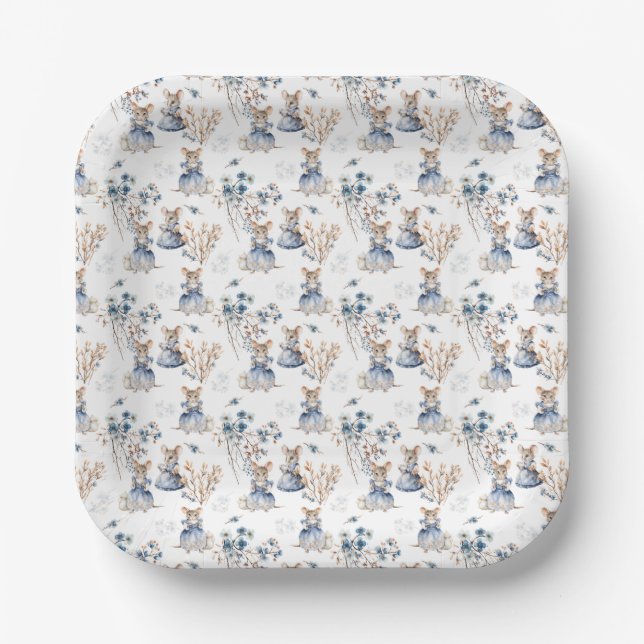 Watercolor Floral Mice Baby Shower Paper Plate (Front)