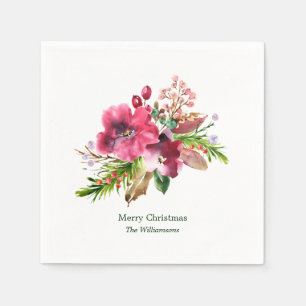 Watercolor Floral Minimalist Christmas Holiday Napkin