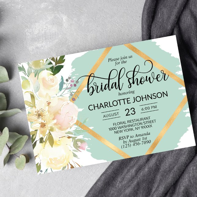 Watercolor Floral Mint Green Gold Bridal Shower Invitation (Creator Uploaded)