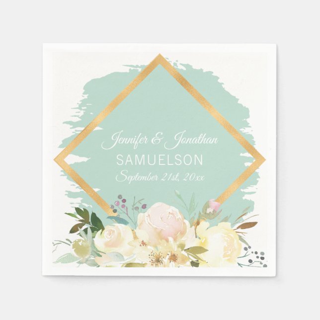 Watercolor Floral Mint Green Gold Frame Wedding Napkin (Front)