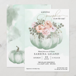 Watercolor Floral Mint Green Pumpkin Baby Shower Invitation