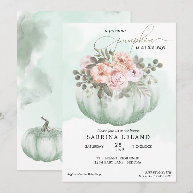 Watercolor Floral Mint Green Pumpkin Baby Shower Invitation (Front/Back)