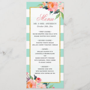 Watercolor Floral Mint Green Stripes Wedding Menu