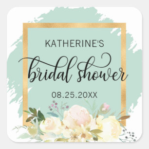 Watercolor Floral Mint Pink Gold Bridal Shower Square Sticker