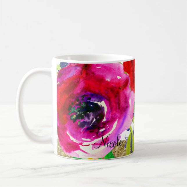 Watercolor Floral Modern Bold Bright Colourful Coffee Mug (Left)