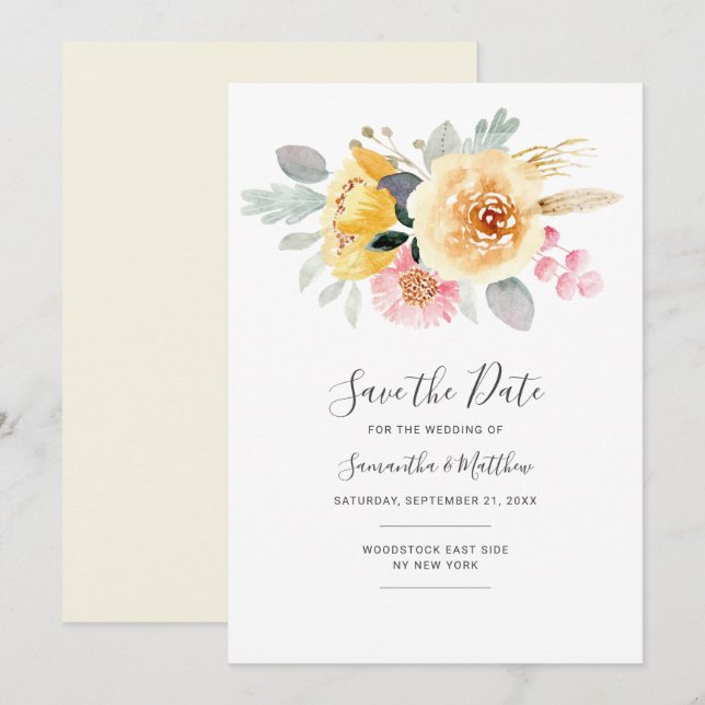 Watercolor Floral Modern Botanical Script Save The Date (Front/Back)