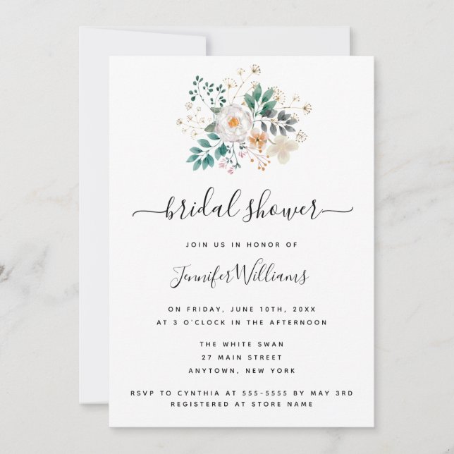 Watercolor Floral Modern Bridal Shower Invitations (Front)