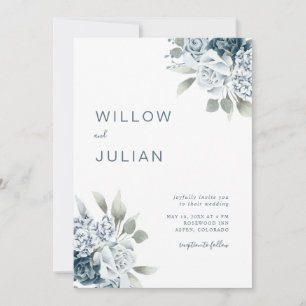 Watercolor Floral Modern Dusty Blue Wedding Invitation