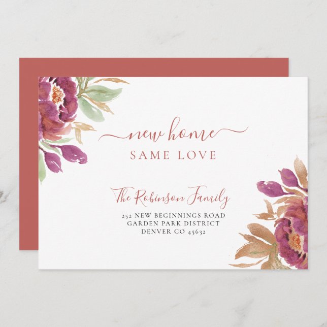 Watercolor floral modern elegant moving announcement (Front/Back)