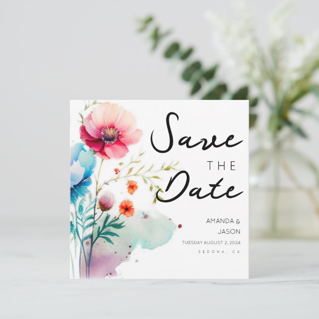 Watercolor Floral Modern Save the Date (Standing Front)