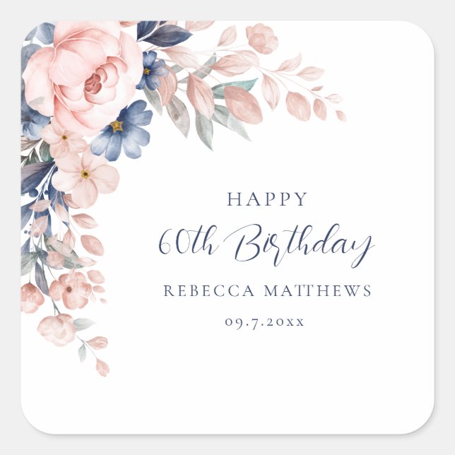 Watercolor Floral Modern Script 60th Birthday Square Sticker (Front)