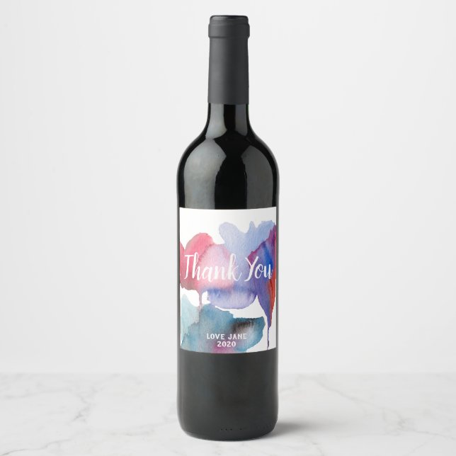 Watercolor floral modern thank you gift wine label (Front)