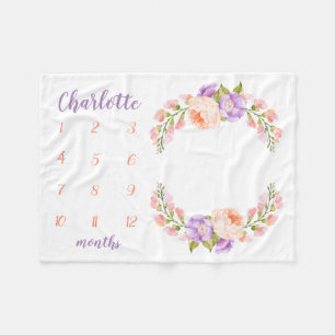 Watercolor Floral Monogram Baby Milestone Photo Fleece Blanket