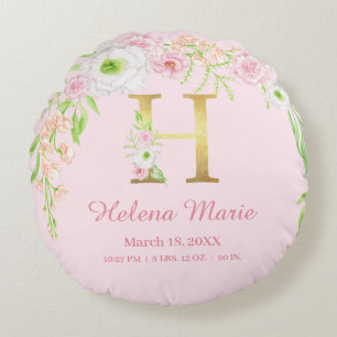 Watercolor Floral Monogram Baby Stats Round Cushion
