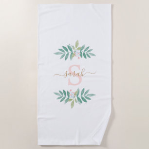 Watercolor Floral Monogram Beach Towel