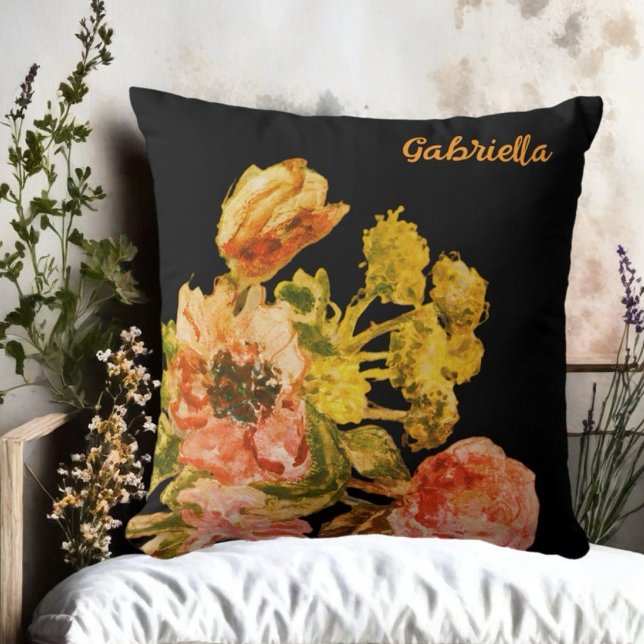 Watercolor floral monogram black green yellow red cushion (Creator Uploaded)
