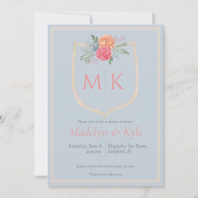 Watercolor  Floral Monogram Crest Bridal Shower In Invitation (Front)