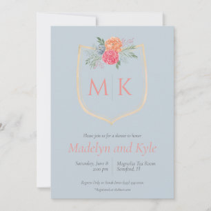 Watercolor Floral Monogram Crest Bridal Shower Invitation