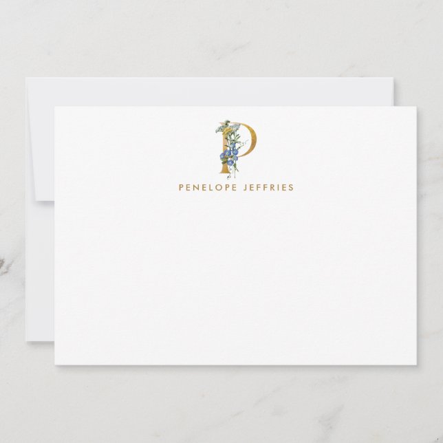 Watercolor Floral Monogram Gold Letter P Note Card (Front)