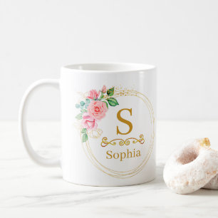 Watercolor Floral Monogram I Custom Gold Initial Coffee Mug