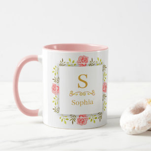 Watercolor Floral Monogram I Custom Gold Initial Mug