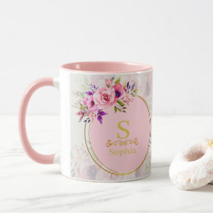 Watercolor Floral Monogram I Custom Gold Initial Mug