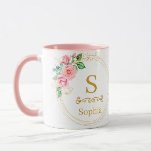 Watercolor Floral Monogram I Custom Gold Initial Mug
