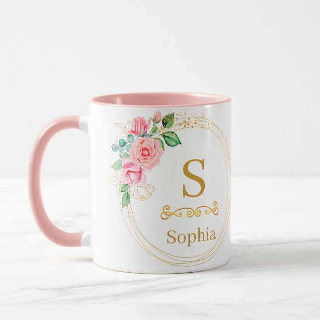 Watercolor Floral Monogram I Custom Gold Initial Mug (Left)