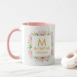 Watercolor Floral Monogram I Gold Initial & Name Mug